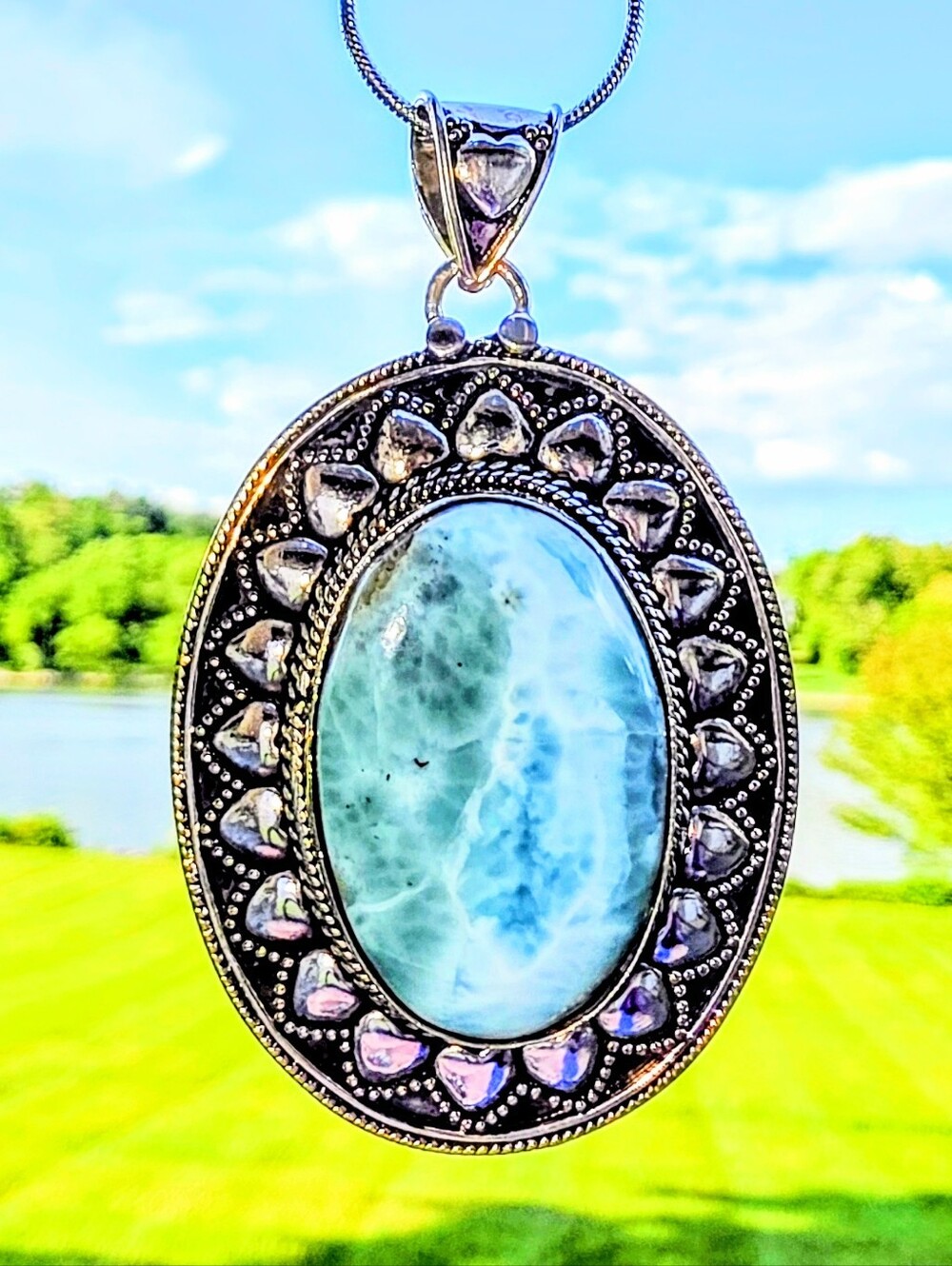 Larimar Gemstone Pendant Necklace In 925 Sterling Silver (2.5")